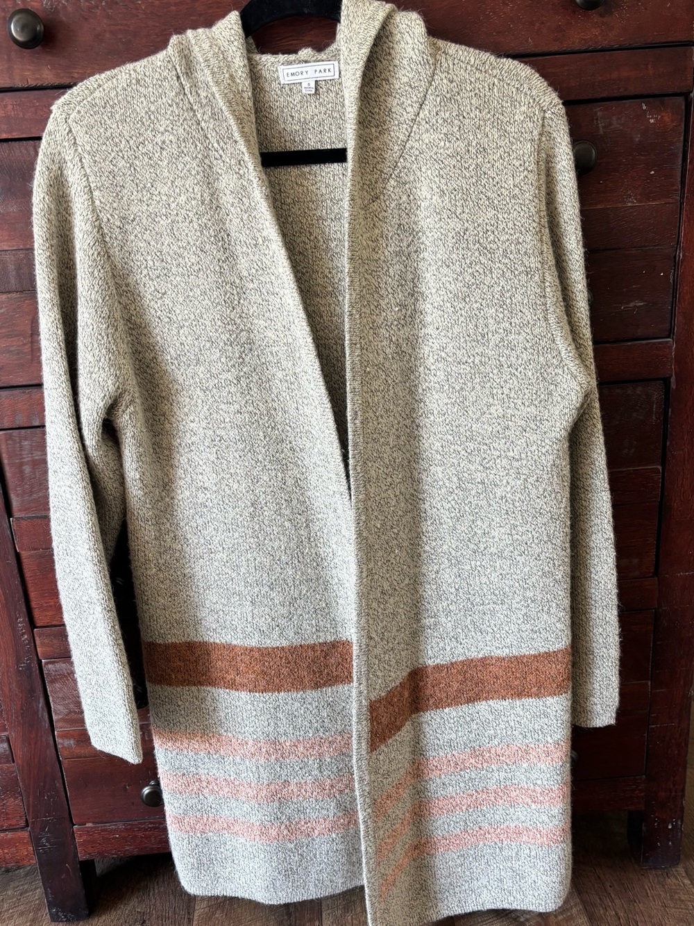 Emory Park Long Hooded Cardigan with Rust and Blush Stripes